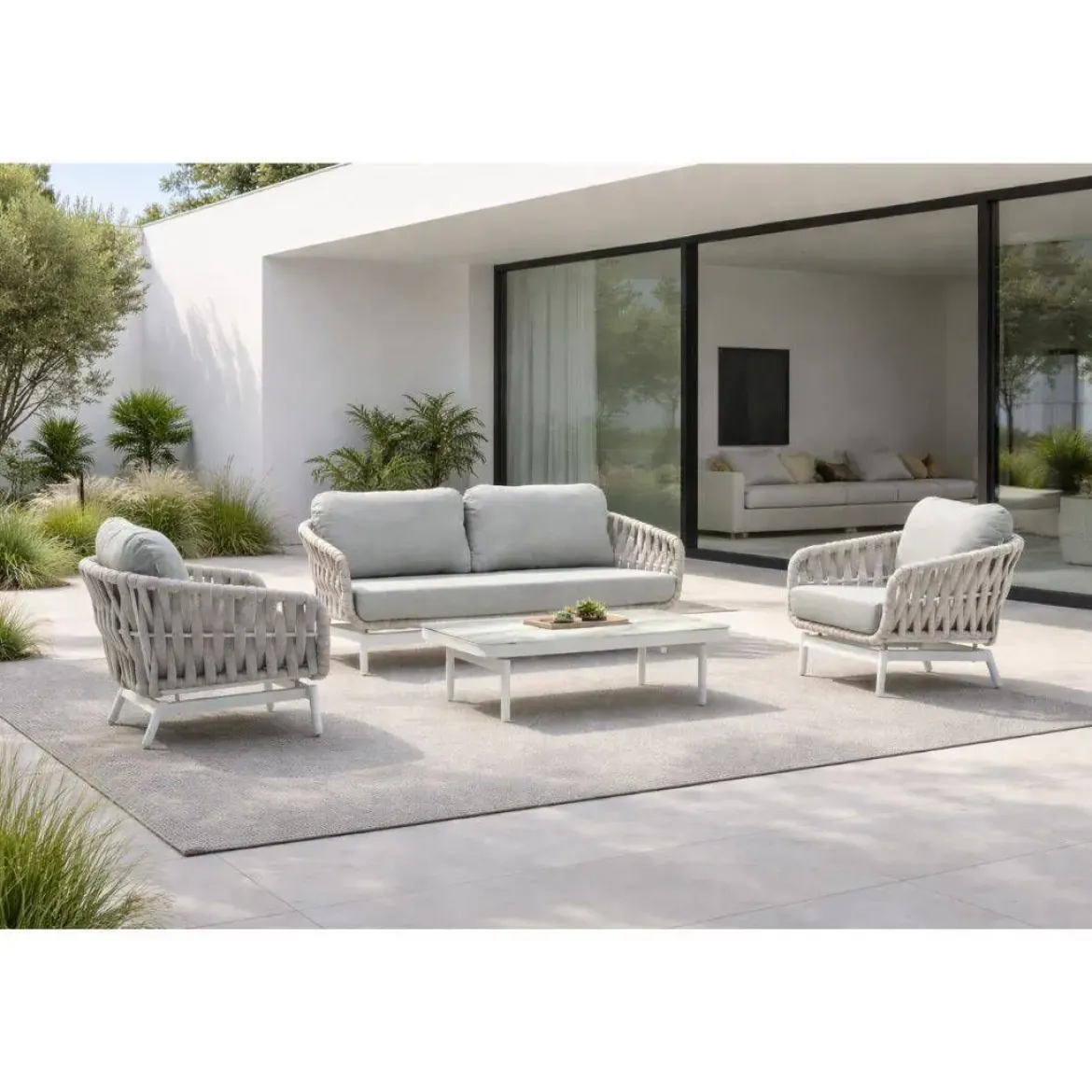 Conjunto de Jardín Blanco Estructura de Aluminio con Textilene BELMONTE