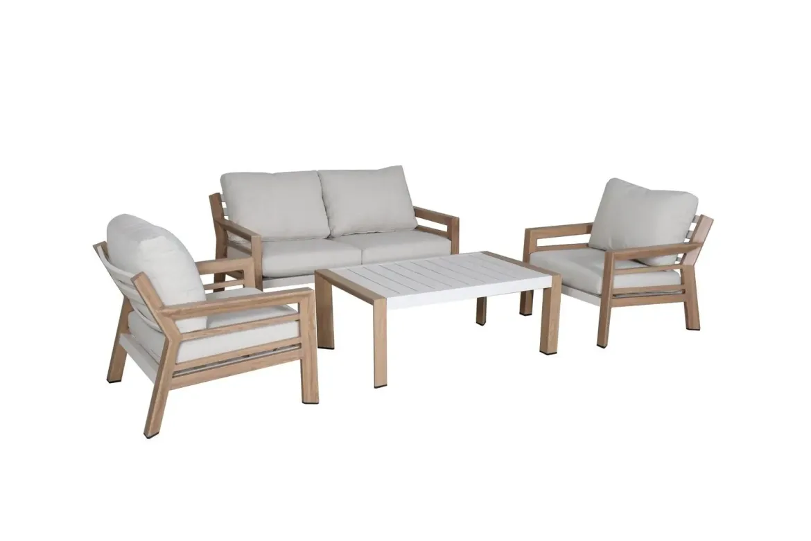 Conjunto de Jardín Madera con Detalles Blancos y Cojines Beige CÁDIZ