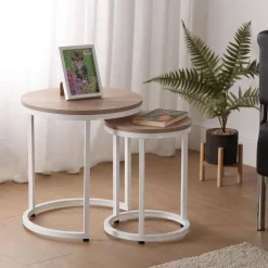 Conjunto de 2 Mesas Auxiliares con Superficie de MDF en Acabado Natural y Estructura Metal Blanca MEGAN