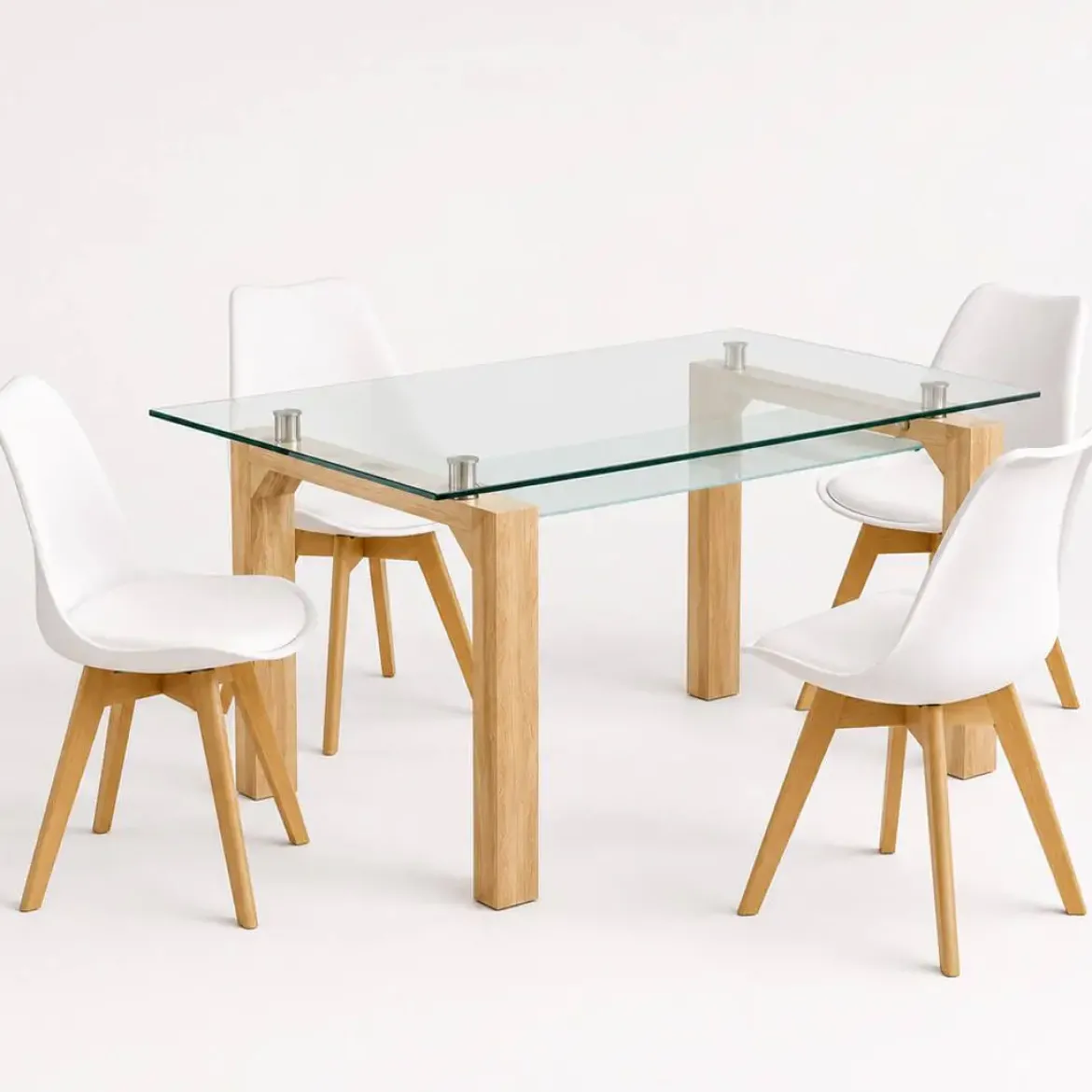 Conjunto Mesa Comedor Cristal y 4 Sillas Blancas SENSEI