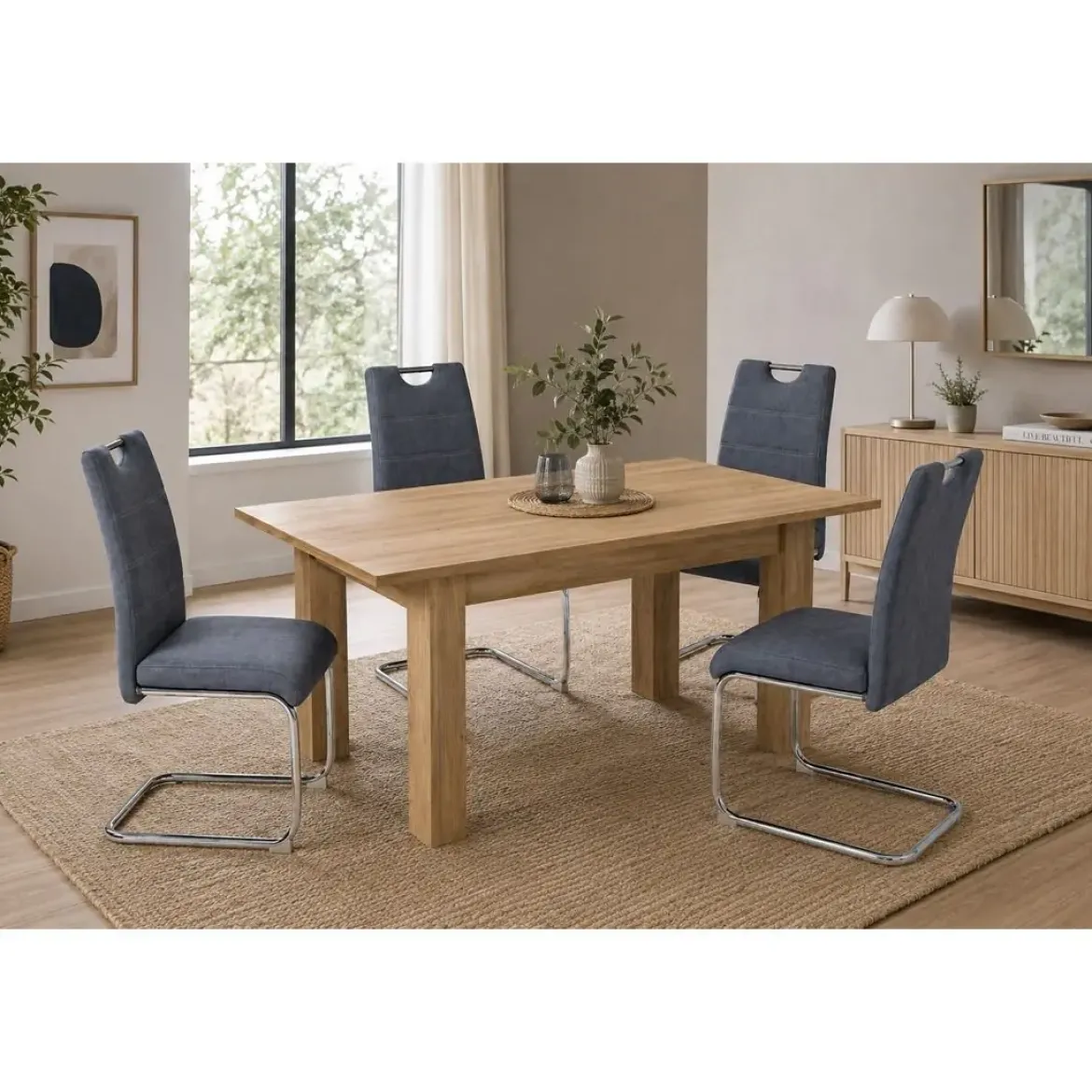 Conjunto Mesa Comedor Roble con 4 Sillas Tapizadas KILLARNEY
