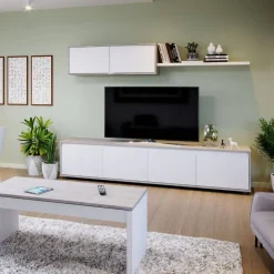 Conjunto para salón cemento y blanco Artik, 1 mueble de TV, 1 módulo superior y 1 estante 016663L