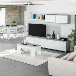 Conjunto para salón cemento y blanco Artik, 1 mueble de TV, 1 módulo superior y 1 estante 016663L