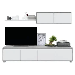 Conjunto para salón cemento y blanco Artik, 1 mueble de TV, 1 módulo superior y 1 estante 016663L