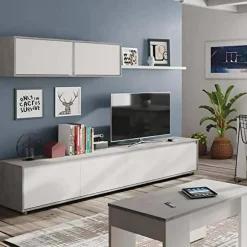 Conjunto para salón cemento y blanco Artik, 1 mueble de TV, 1 módulo superior y 1 estante 016663L
