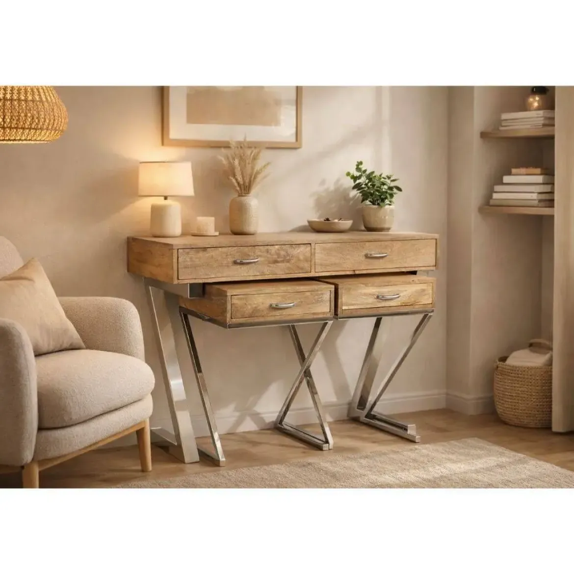Consola con 2 Mesitas Auxiliares en Madera de Mango y Acero MB-208604