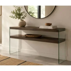 Consola de Cristal con 2 Baldas en MDF Nogal Marrón MB-204502