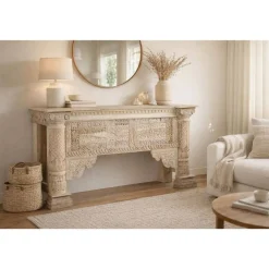 Consola de Madera de Mango Tallada Blanco Envejecido MB-208590