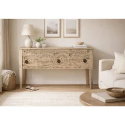 Consola Tallada en Madera Natural TECA MANGO MB-216542