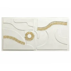 Cuadro Abstracto de Lienzo con Motivos en Rafia con Detalles Dorado y Blanco 81-492
