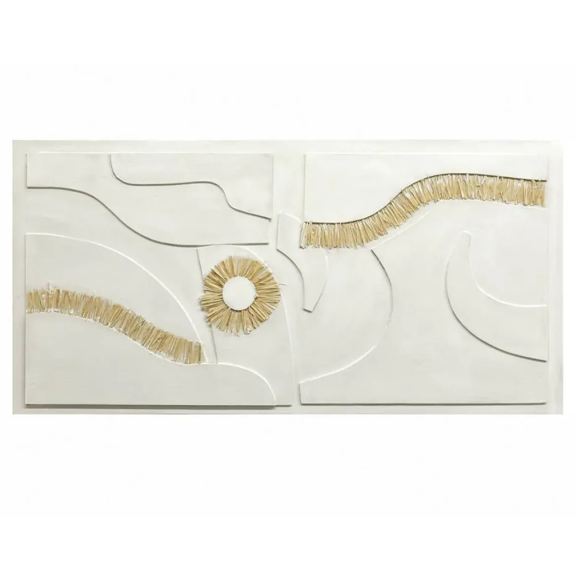 Cuadro Abstracto de Lienzo con Motivos en Rafia con Detalles Dorado y Blanco 81-492