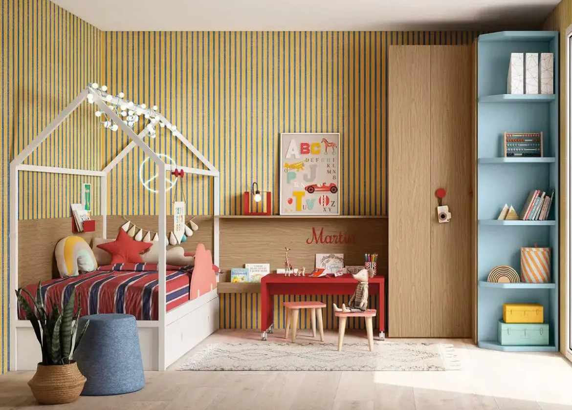 Dormitorio Infantil con Cama Casita y Armario de Rincón DELULU 40