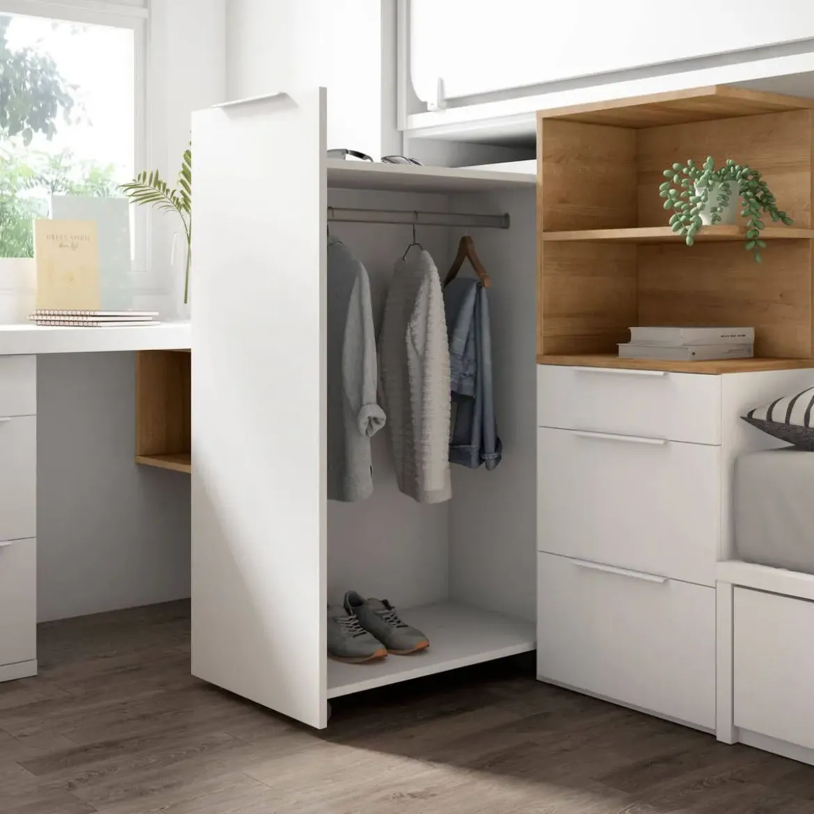 Dormitorio Juvenil Cama Tren ADAPT 43 con Cama Nido CUBE y Ropero Extraíble