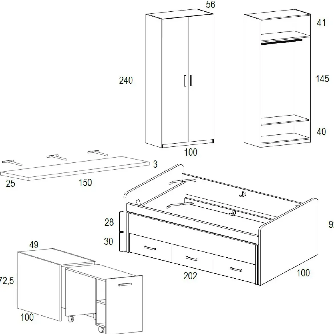 Dormitorio Juvenil con Cama Compacta y Armario WHYNOT 27