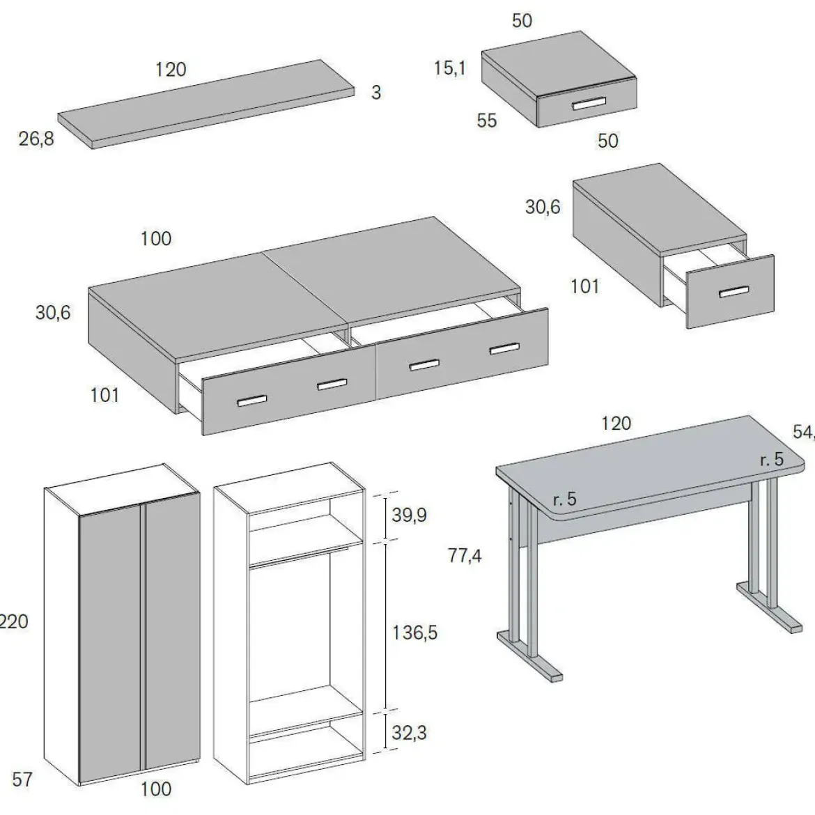 Dormitorio Juvenil con Cama Modular y Armario MUNDO JOVEN C218