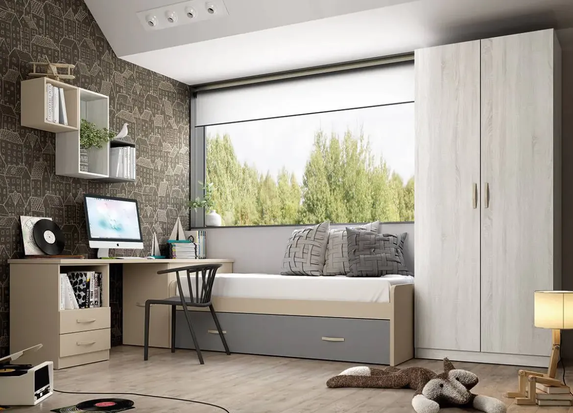 Dormitorio Juvenil con Cama Nido LIDER GO 226 Acabado en Perla/Hibernian/Zinc