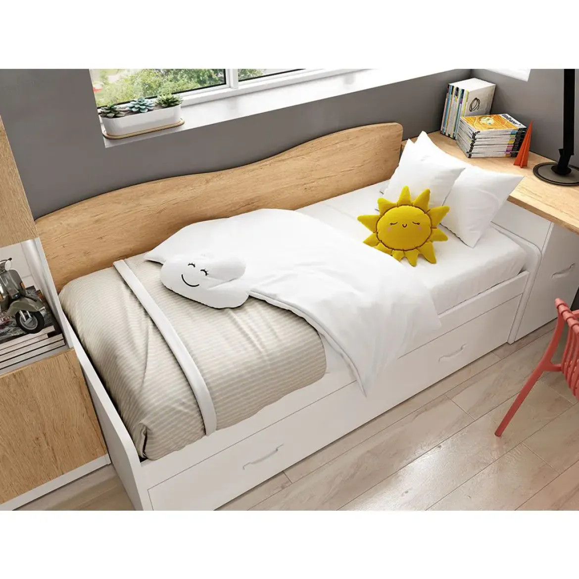 Dormitorio Juvenil LIDER GO 230 Acabado en Blanco/Bambú/Terraco