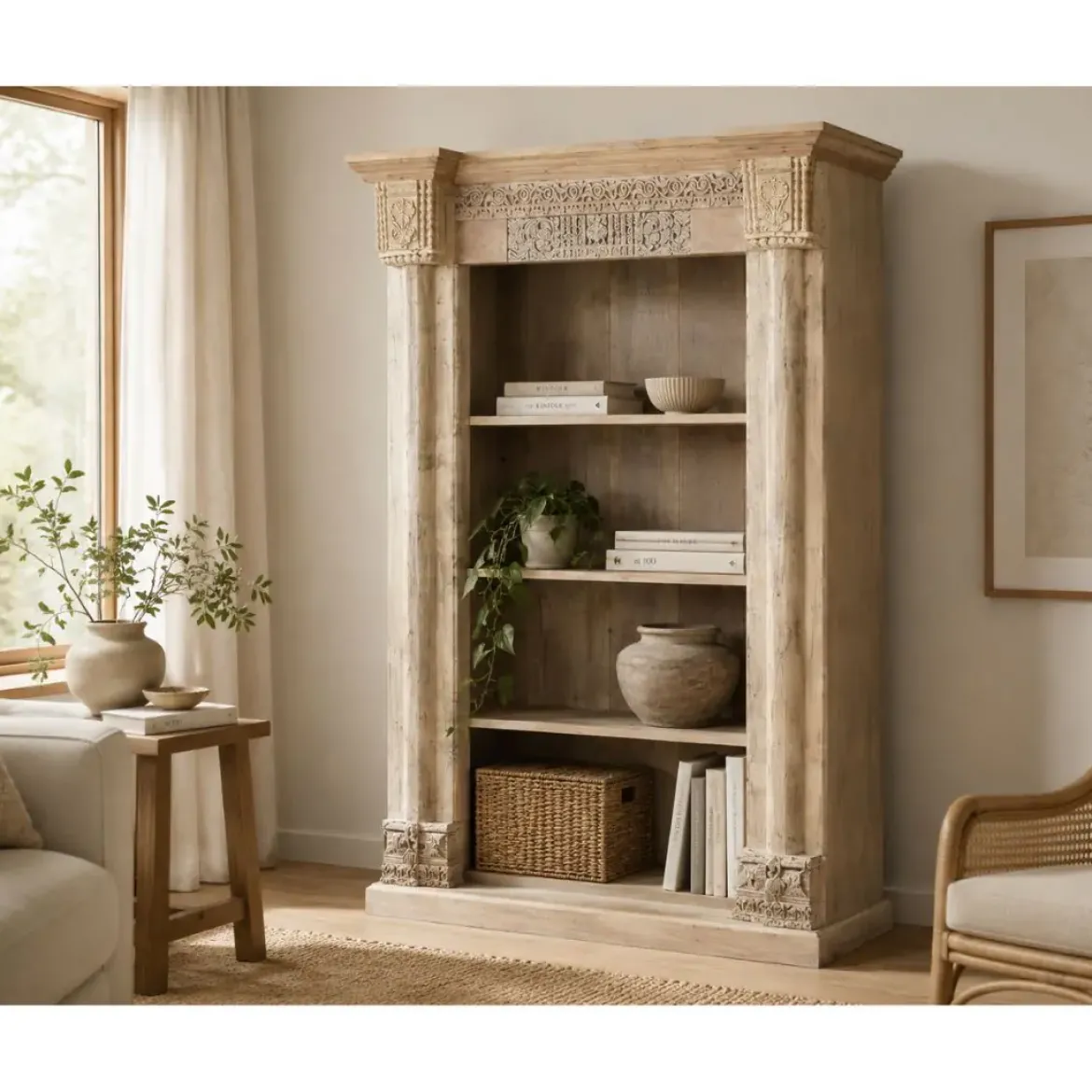Estantería de Madera de Teca Tallada Acabado Natural Antiguo MB-220539