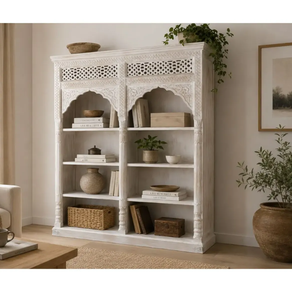 Estantería de Madera Tallada en Blanco MB-220358