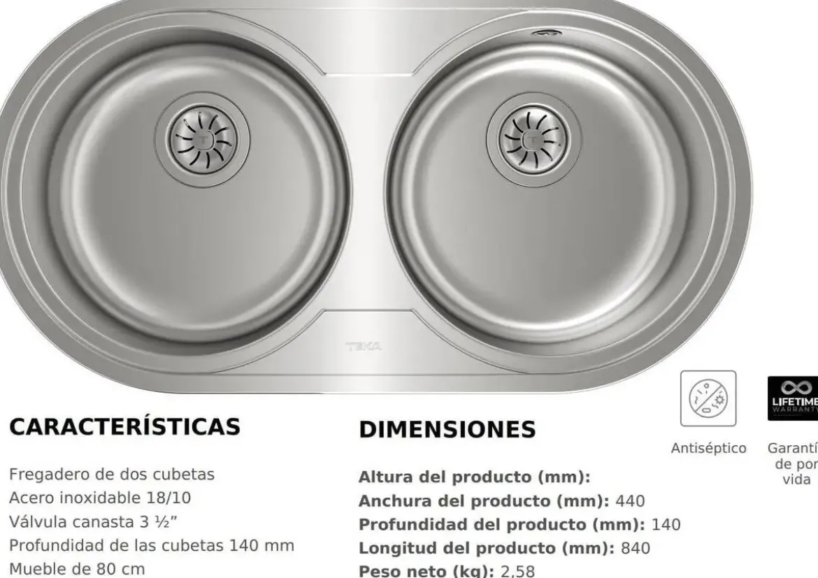 Fregadero circular encastrado con cubetas de 36 cm Sin Orificio TEKA DR-80 2C 10110006