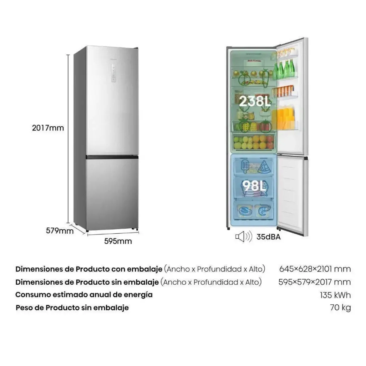 Frigorífico Combi HISENSE Clase A de Acero Inoxidable 336L RB440N4ACA