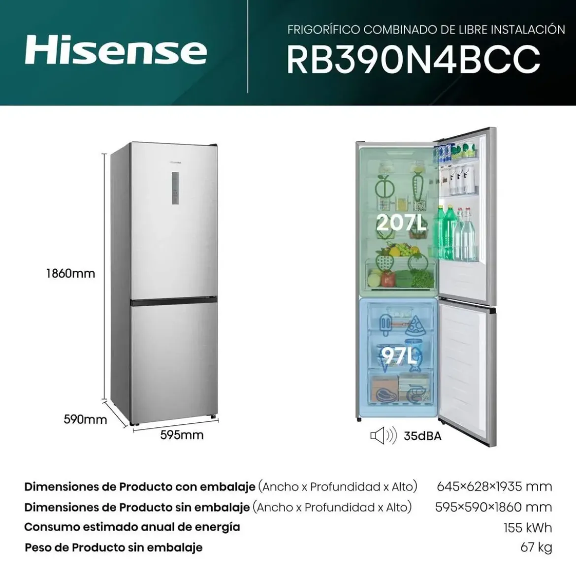 Frigorífico Combi Hisense No Frost Clase C 304 Litros R839ON48CC