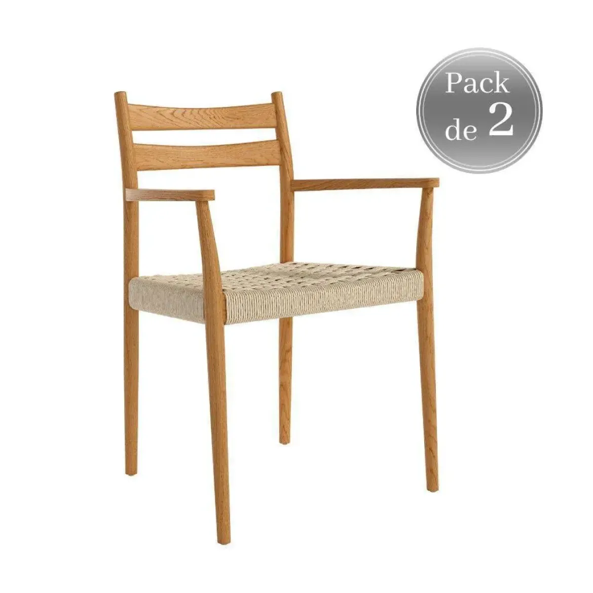 Juego de dos sillas con Asiento de Cuerda Natural y Estructura de Madera Roble Natural con brazos BRISA CG1920RC
