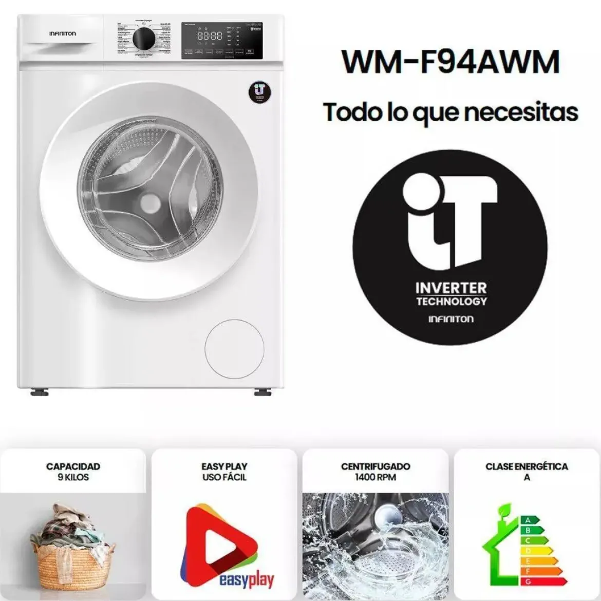Lavadora Infiniton 9 Kg 1400 RPM Clase A con Vapor Care WMF94AWM