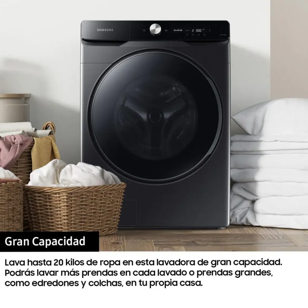 Lavadora SAMSUNG 20kg 1000rpm WiFi AI EcoBubble Clase A WF20DG8650BVU3