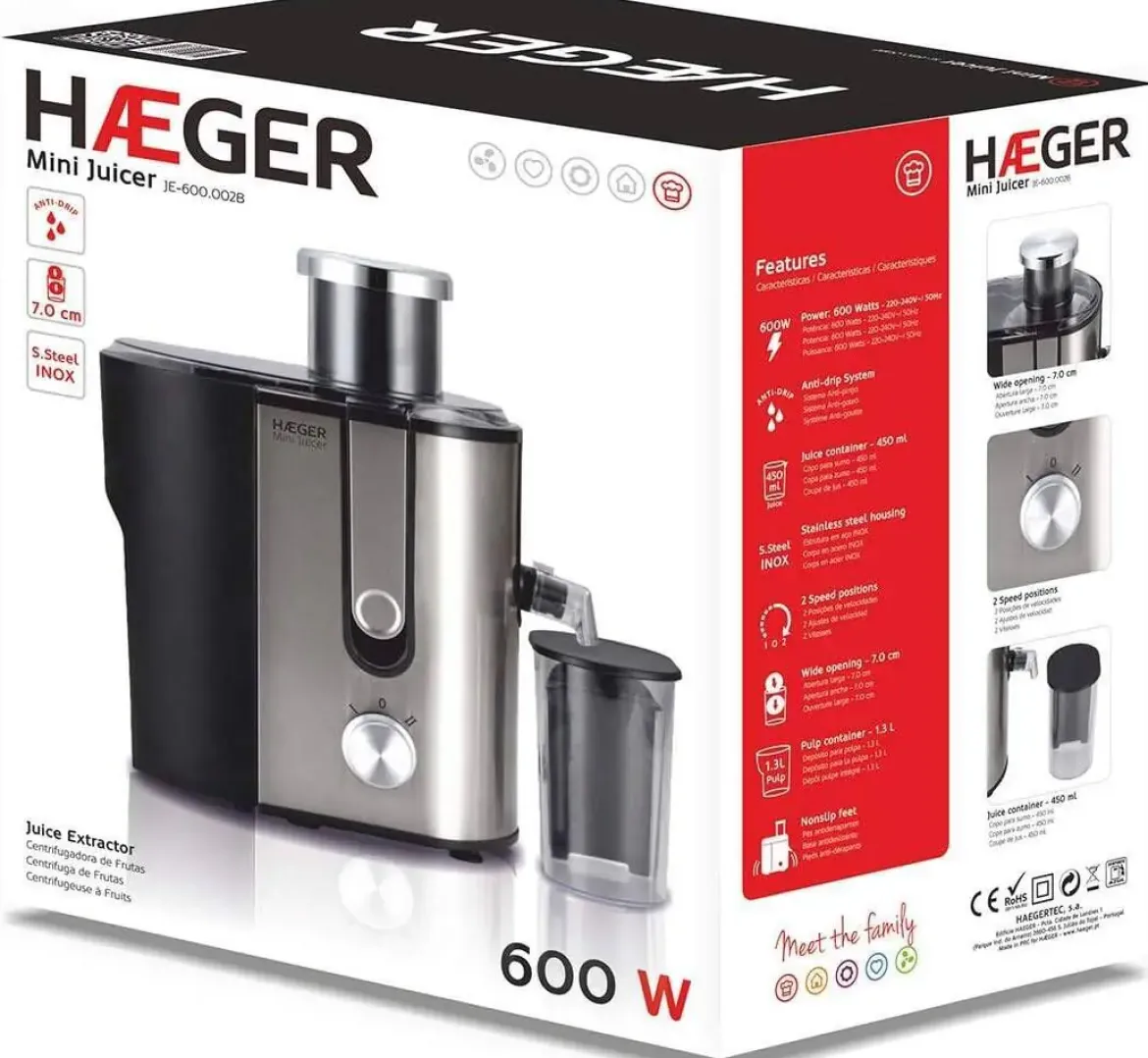 Licuadora HAEGER JE600002B MINI JUICER 600W 2 Velocidades INOX