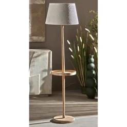 Lámpara de Pie de Madera Natural con Bandeja Redonda y Pantalla de Tela Blanca 51-215