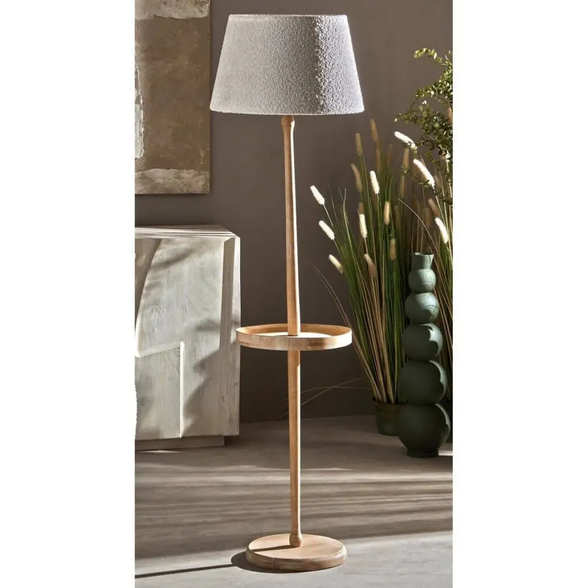 Lámpara de Pie de Madera Natural con Bandeja Redonda y Pantalla de Tela Blanca 51-215