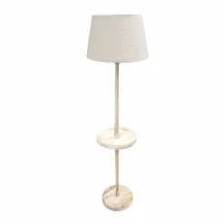 Lámpara de Pie de Madera Natural con Bandeja Redonda y Pantalla de Tela Blanca 51-215
