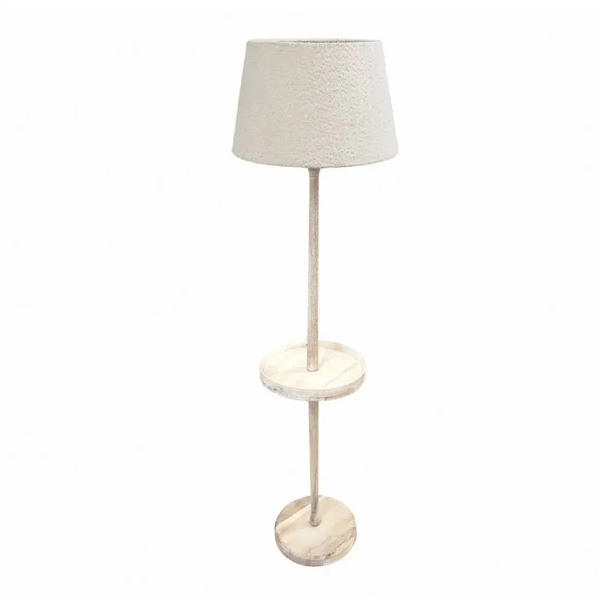 Lámpara de Pie de Madera Natural con Bandeja Redonda y Pantalla de Tela Blanca 51-215