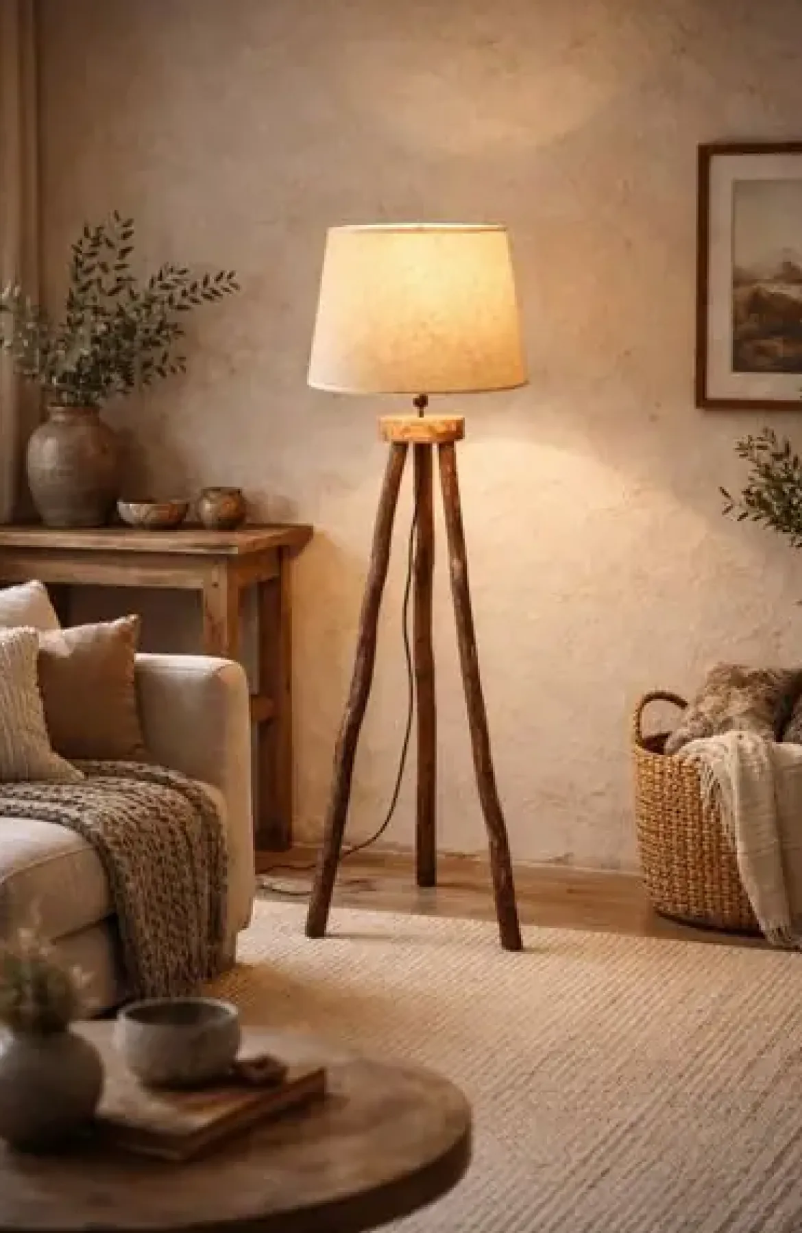 Lámpara de Pie MILETO Patas Forma trípode de Madera Natural y Pantalla Beige 32-218