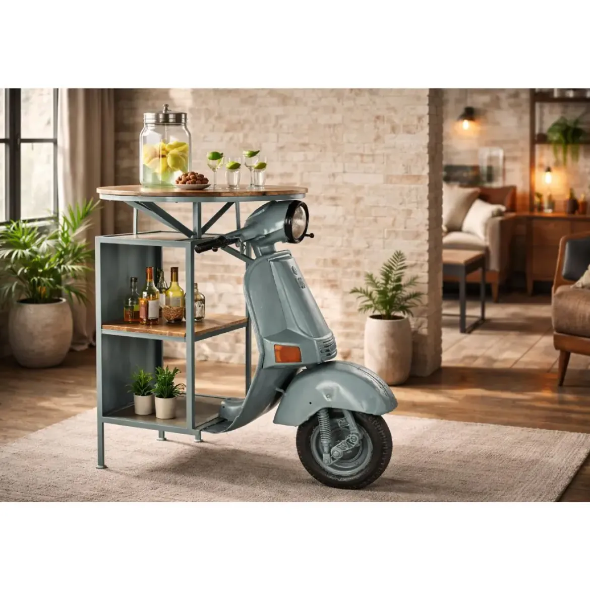 Mesa Alta Industrial de Hierro y Madera de Mango Moto Verde Menta MB-200498