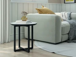 Mesa Auxiliar 40 cm Superficie Acabado Piedra de MDF con Patas de Metal Negro EGEO