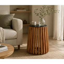 Mesa Auxiliar Redonda de Mármol y Madera de Mango Negro MB-201500