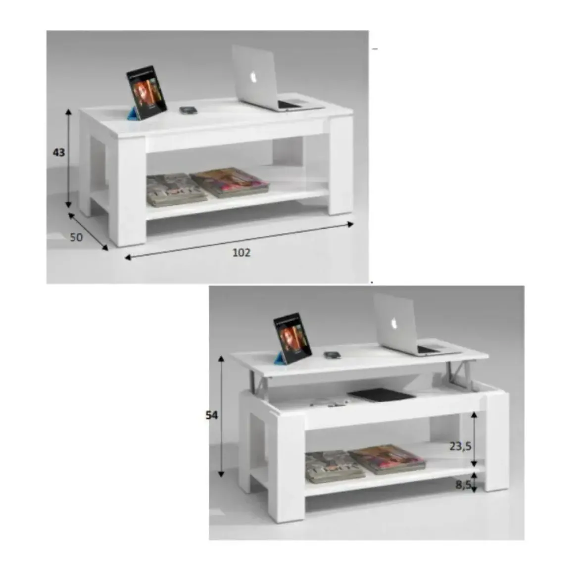 Mesa de centro blanca y brillante con tapa elevable y almacenamiento 001639A