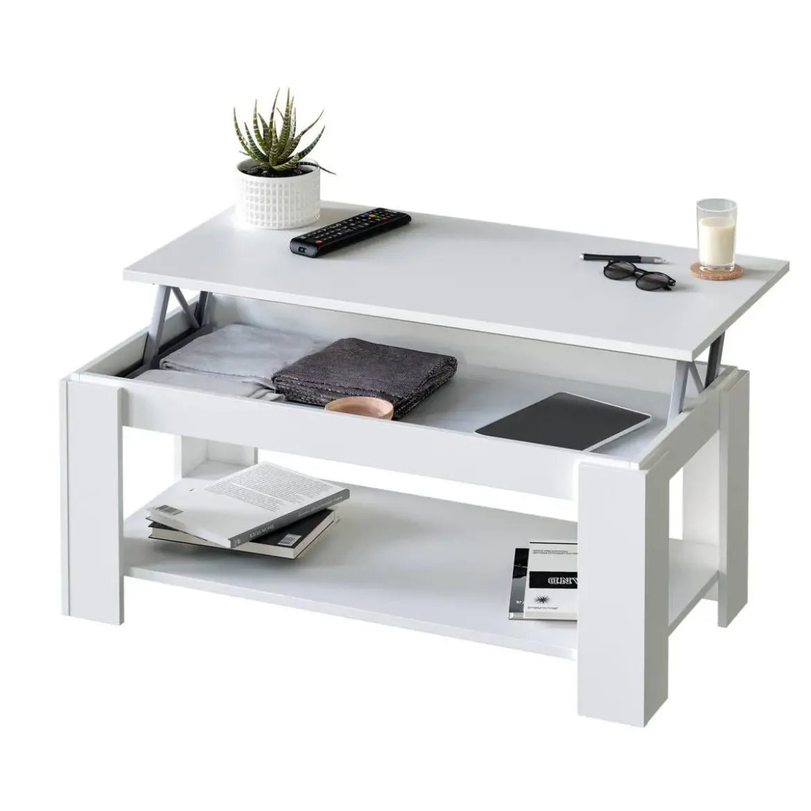 Mesa de centro blanca y brillante con tapa elevable y almacenamiento 001639A