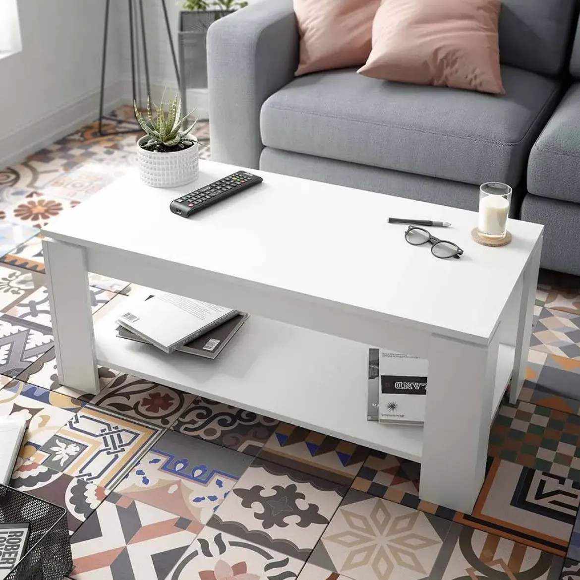 Mesa de centro blanca y brillante con tapa elevable y almacenamiento 001639A