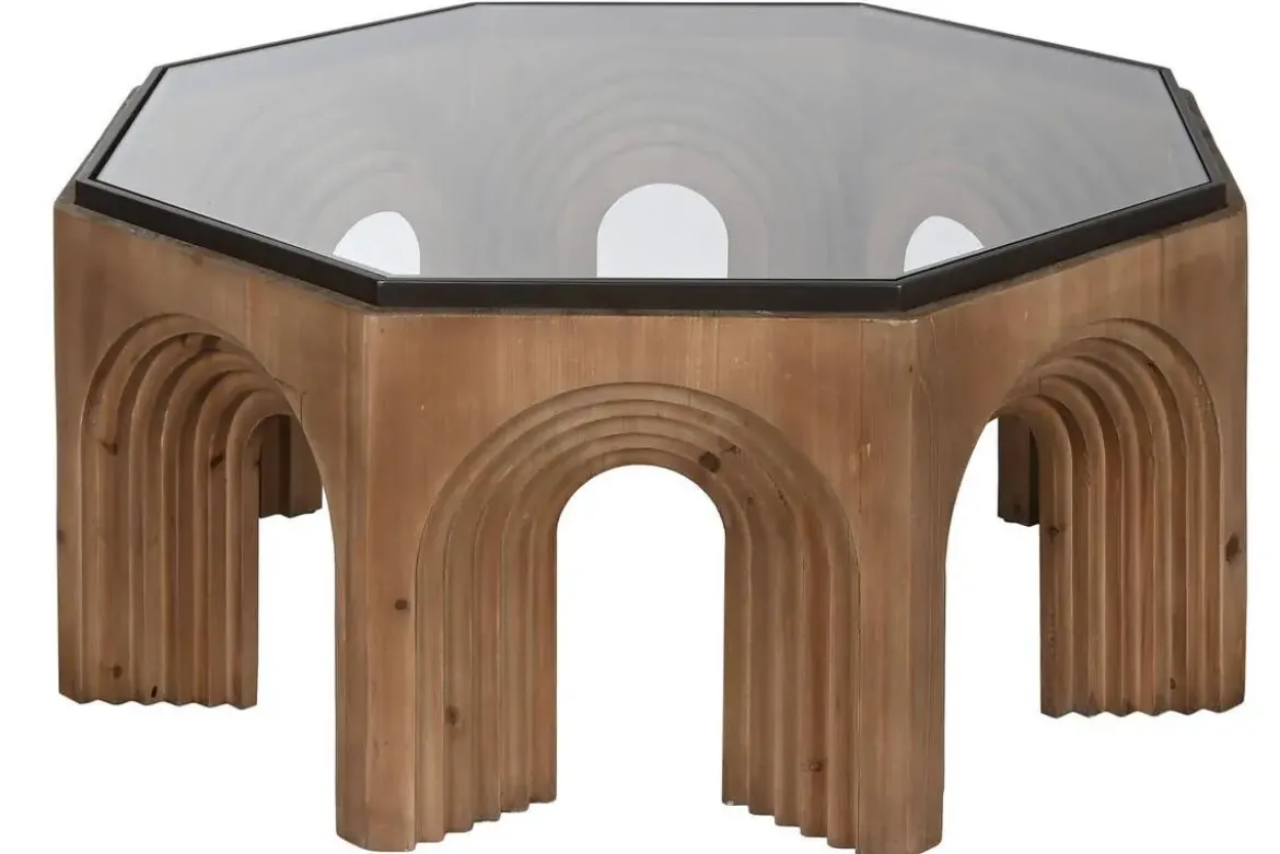 Mesa de Centro de Abeto con Cristal y Patas en Arco MB-212220