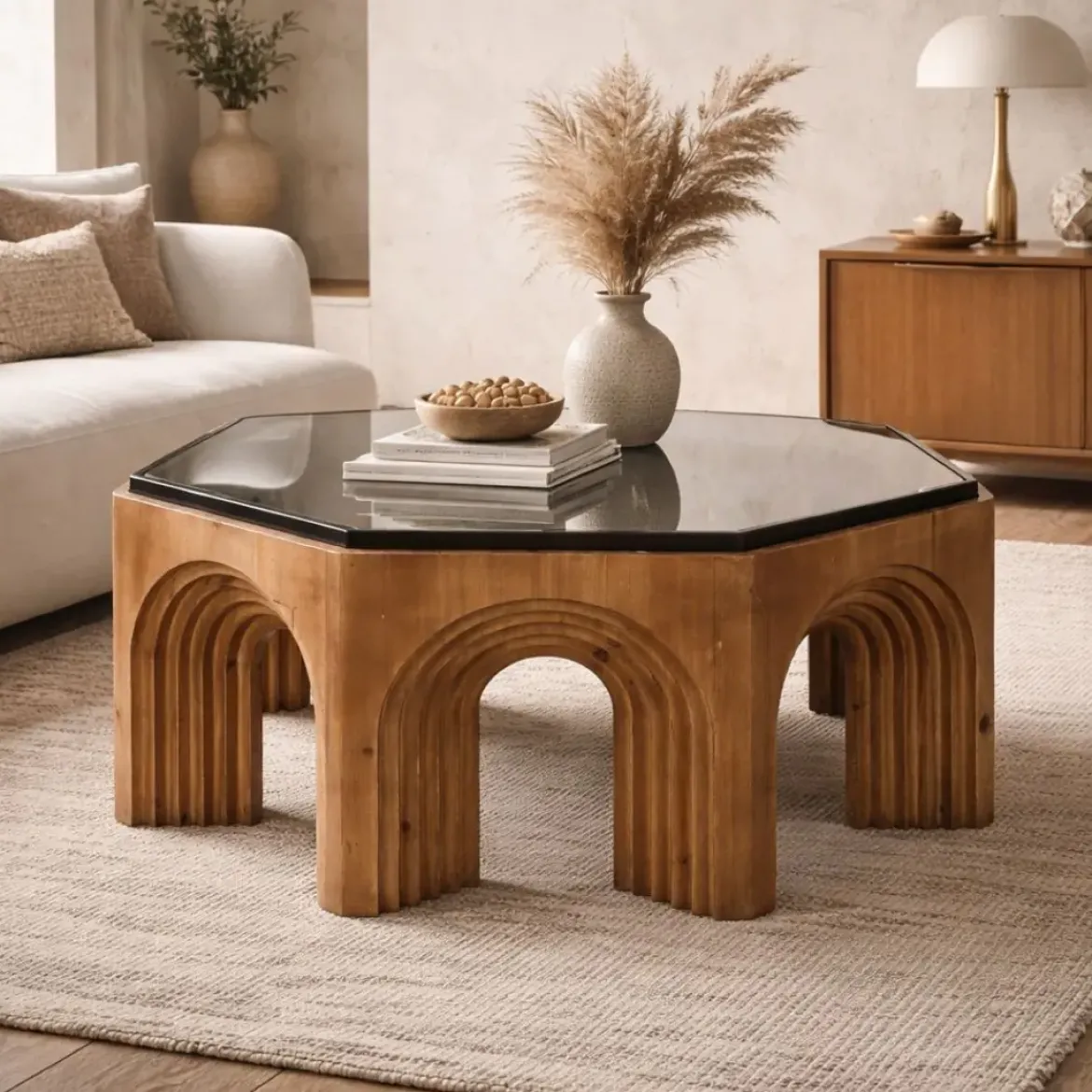 Mesa de Centro de Abeto con Cristal y Patas en Arco MB-212220
