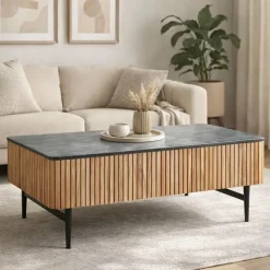 Mesa de Centro de Acacia con Mármol Negro y Patas Metálicas MB-207418