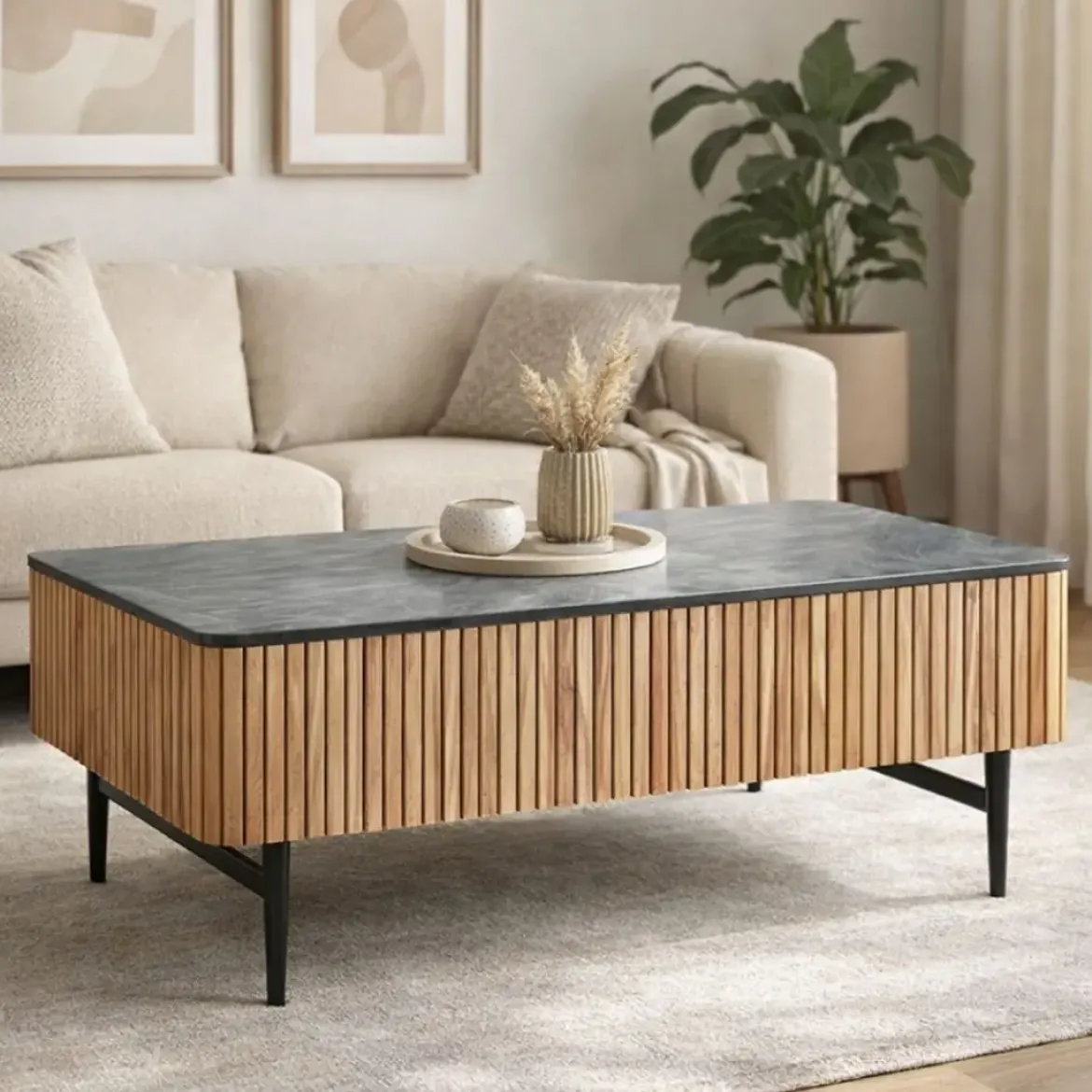 Mesa de Centro de Acacia con Mármol Negro y Patas Metálicas MB-207418