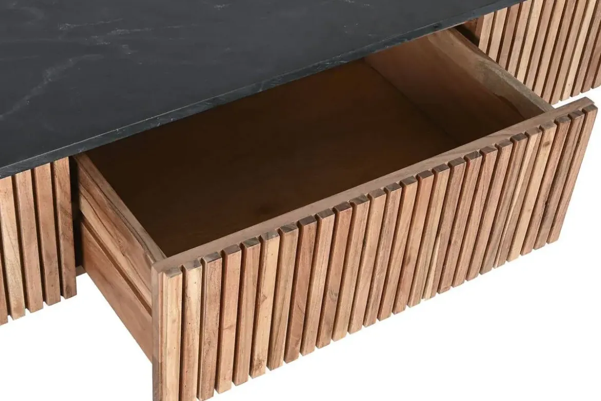 Mesa de Centro de Acacia con Mármol Negro y Patas Metálicas MB-207418