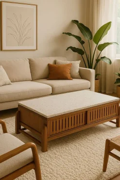 Mesa de Centro de Acacia con Terrazo y Puertas Correderas MB-219028