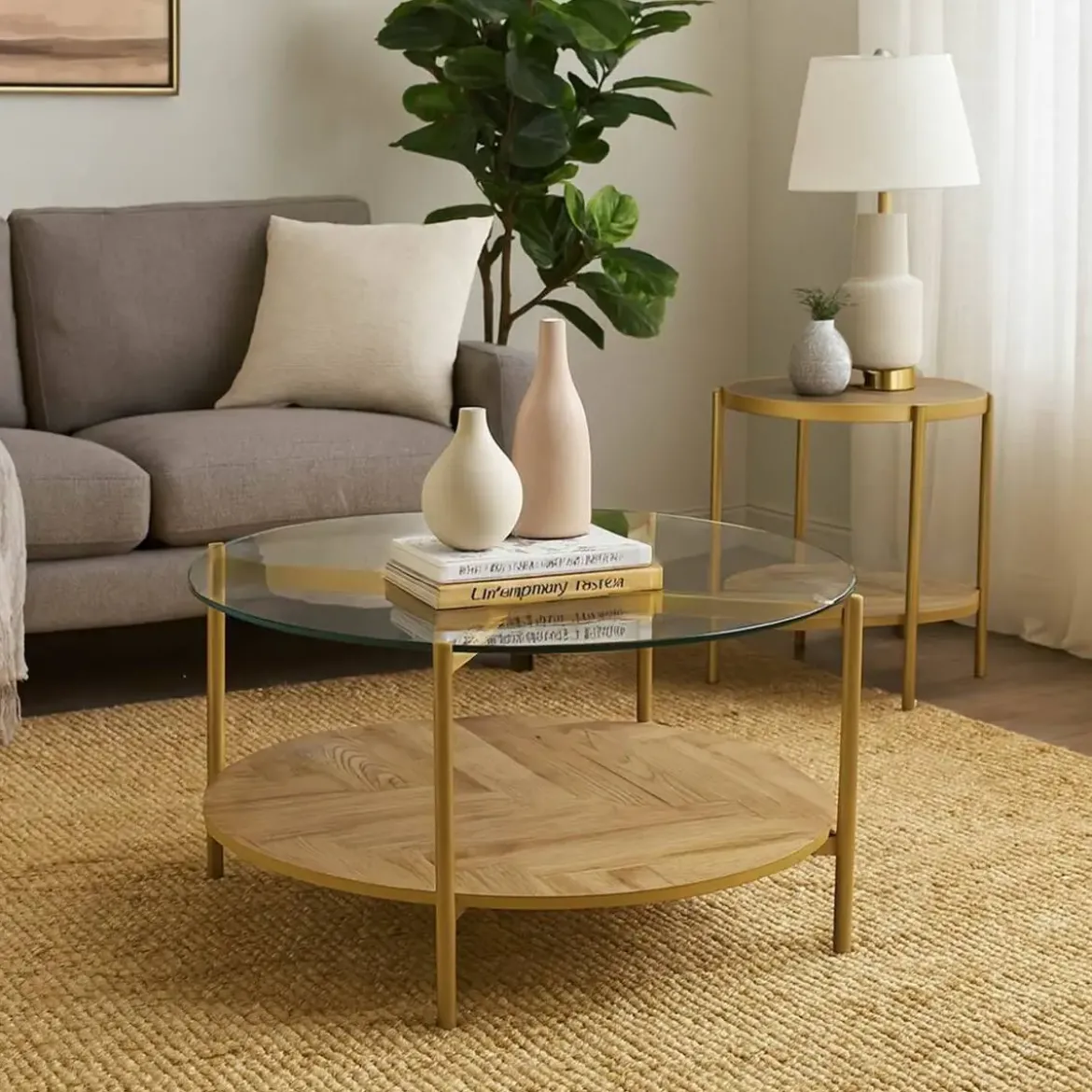 Mesa de Centro de Cristal y Madera con Metal Dorado NIXO 22710040