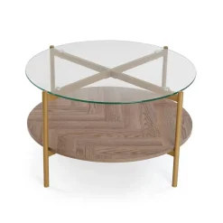 Mesa de Centro de Cristal y Madera con Metal Dorado NIXO 22710040