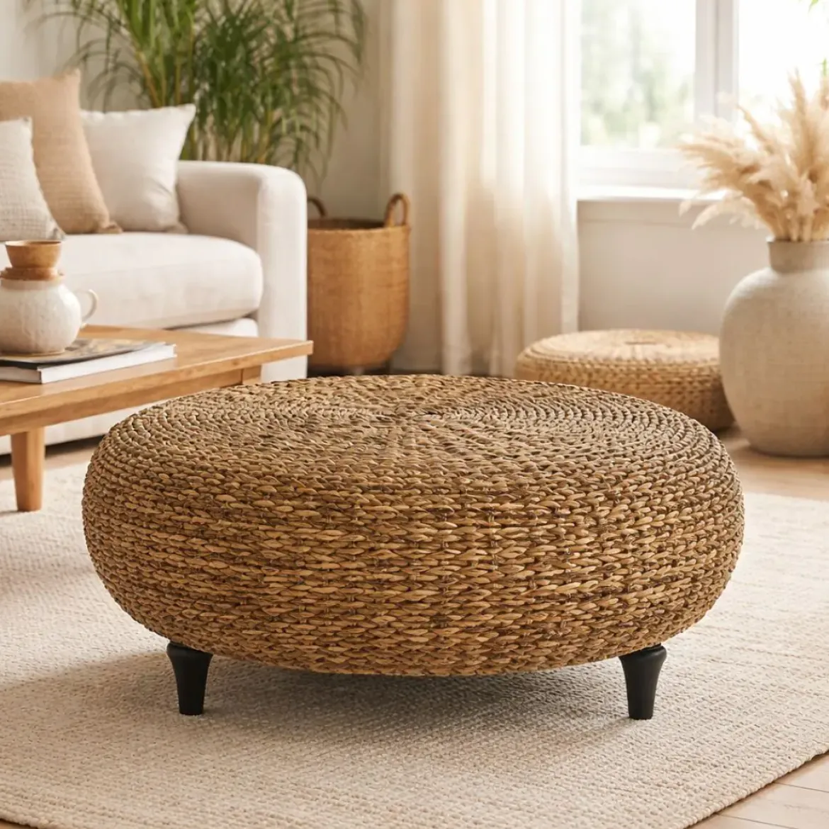 Mesa de Centro de Fibra Natural con Patas de Madera MB-217106